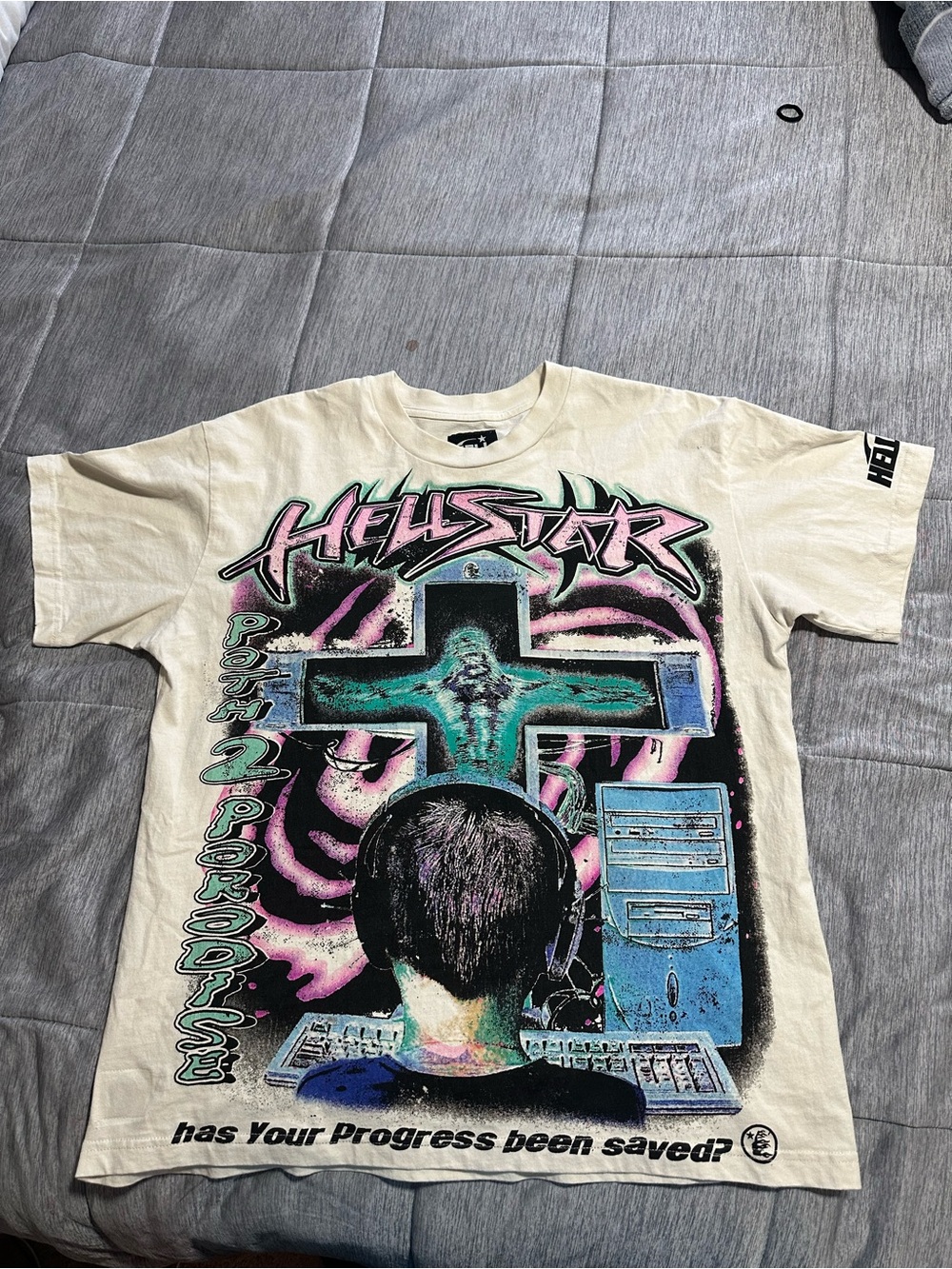 Hellstar Kids Cream Graphic Tee with Neon Cross Gaming Print
